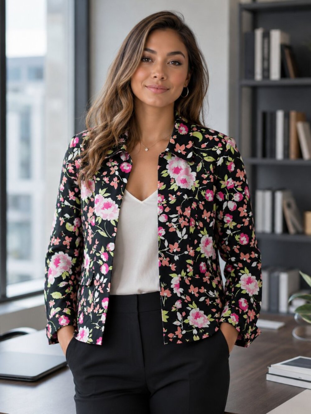 Liz Claiborne First Issue Women's Blazer Size M Hook & Eye Closure Dark Floral
